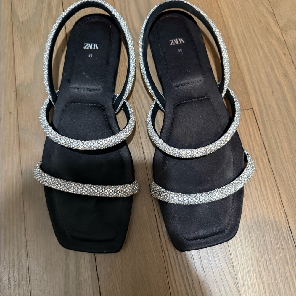 Zara Women's Black Sandals with Glittering Silver Trim